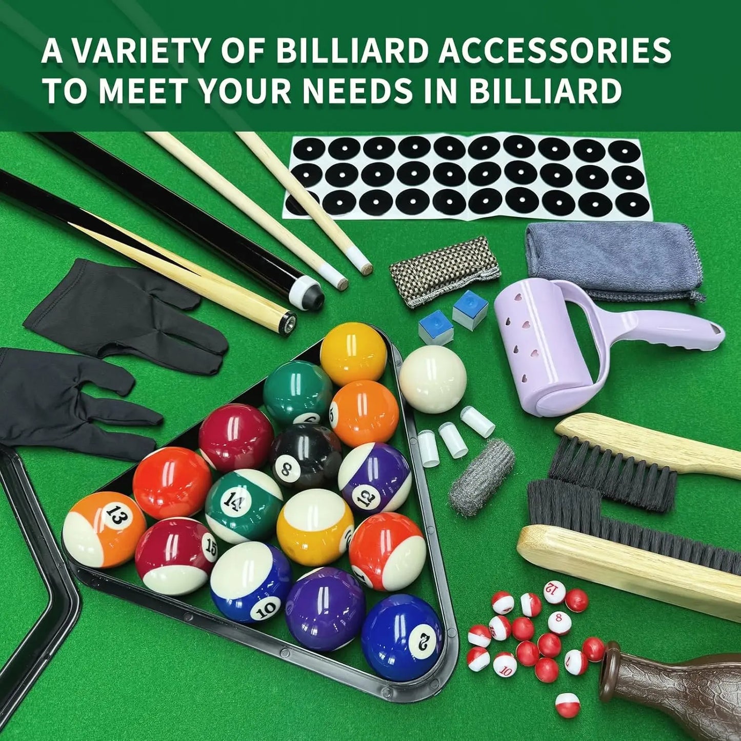 Pool Table Accessories Pool Set,Pool Balls Billiard Set with Triangle and diamond ball Rack,Pool Cue,Cue Chalk, Pool Cue Tip