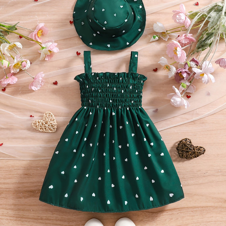 Completo estivo da bambina con stampa a cuore, 2 pezzi + cappello