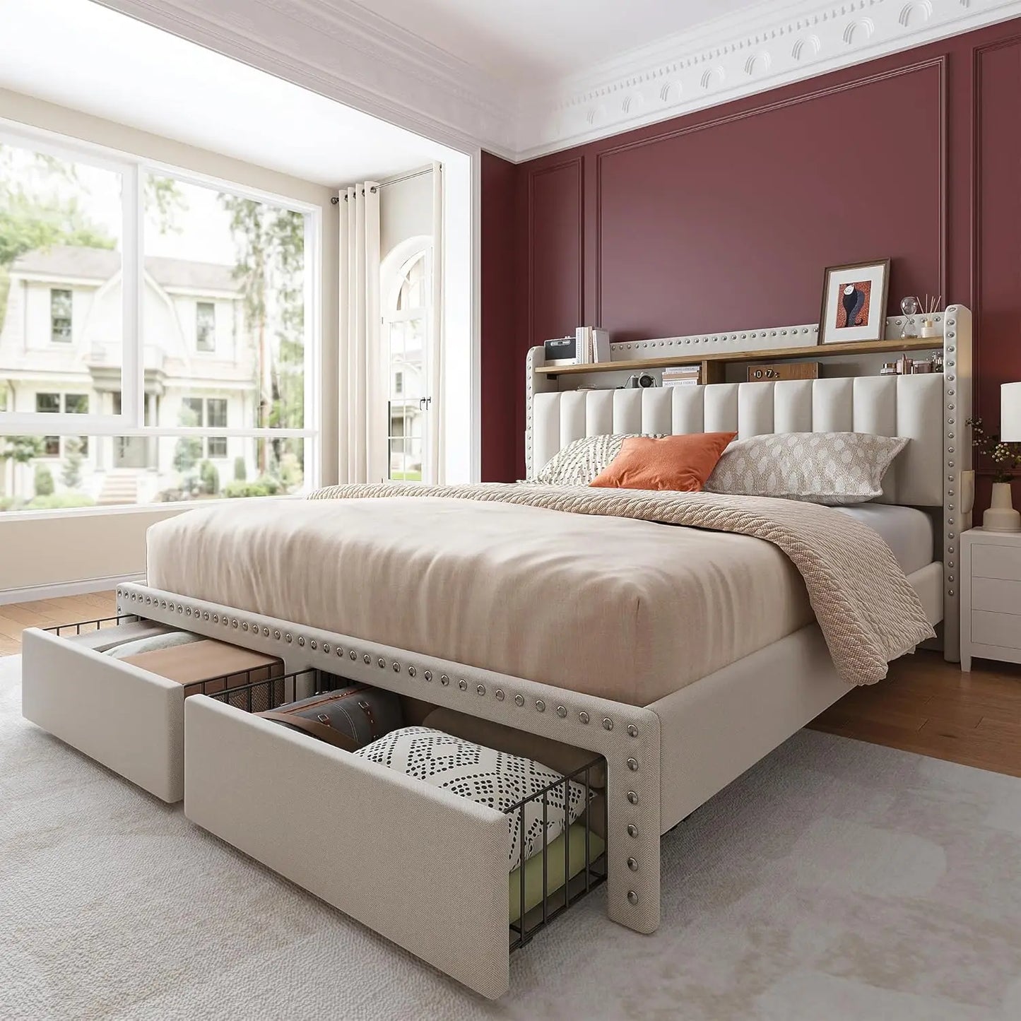 King Size Bed Frame with Storage and Headboard, Upholstered King Bed Frame with Storage, King Bed Frame with 2 Drawers