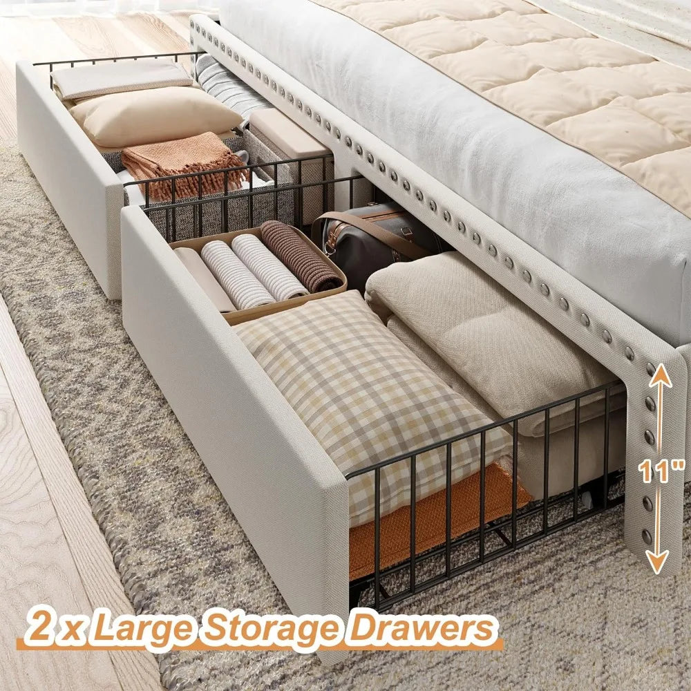 King Size Bed Frame with Storage and Headboard, Upholstered King Bed Frame with Storage, King Bed Frame with 2 Drawers