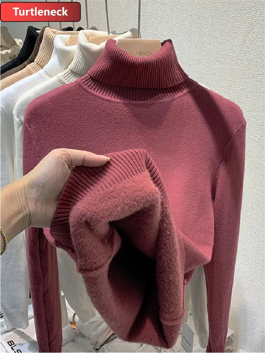 Sweater For Women Winter Thicken Turtleneck Slim Knit Pullover New Warm Plush Velvet Lined Knitwear Jumper Tops Casual Poleras