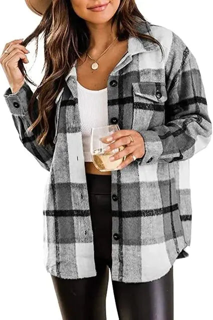 Women Flannel Casual Plaid Button Down Long Sleeve Woolen Shirt Vintage Elegant Fashion Jacket Coat Fashion Woman Blouse