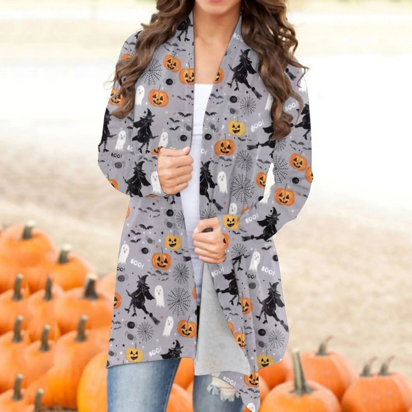 Pumpkin Ghost Print Women Cardigan Halloween Long Sleeve Front Open Blouse Autumn Elegant Casual Jackets Plus Size Long Coats