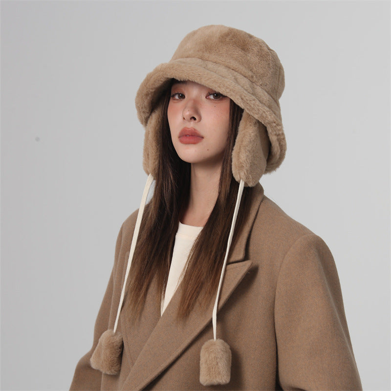 Plush Women's Autumn And Winter Warm-keeping And Cold-proof Fleece Lined Removable Earmuffs Hat Casual Face