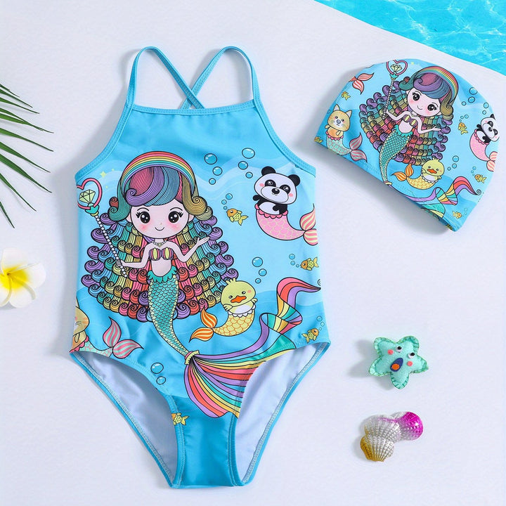 Costume da bagno intero con stampa sirena per bambine