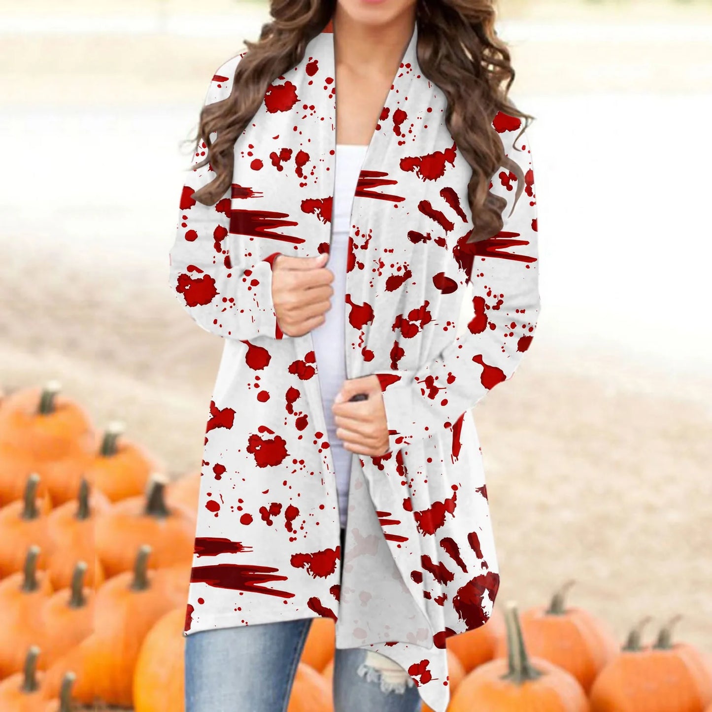 Pumpkin Ghost Print Women Cardigan Halloween Long Sleeve Front Open Blouse Autumn Elegant Casual Jackets Plus Size Long Coats