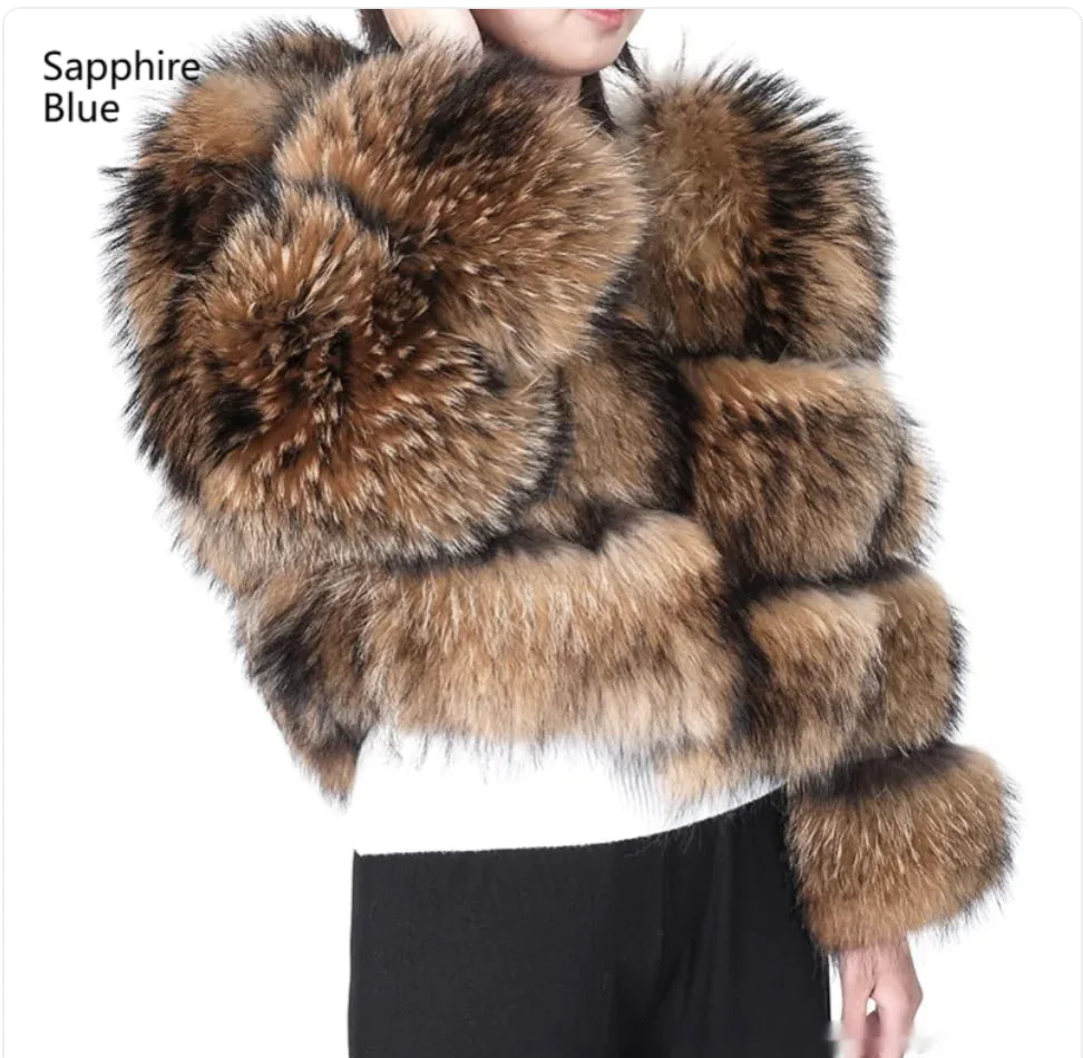 Warm Raccoon Fur Leather Coat for Women