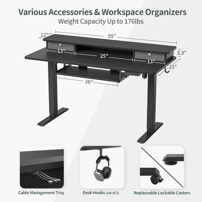 55'' Height Adjustable Electric Standing Desk with Keyboard Tray, Home Office Desk Computer Workstation with Storage Shelf,