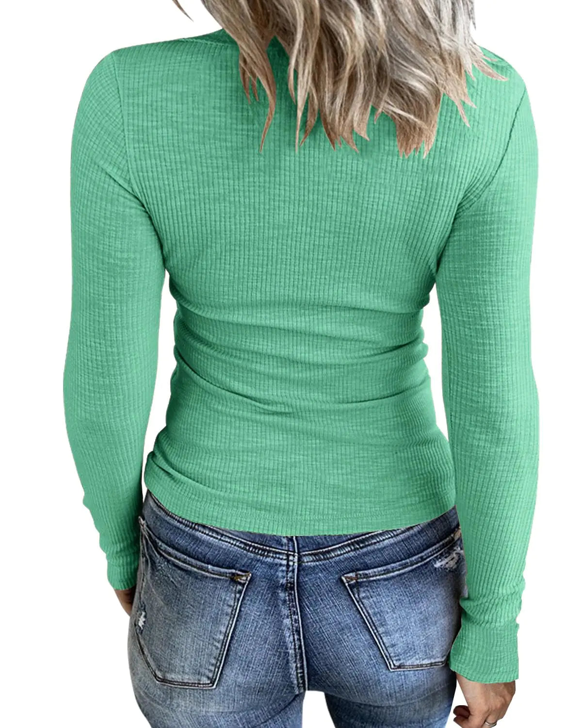 Women Casual Long Sleeve Tunic Tops V-Neck T Shirts Criss Cross Ribbed CasualTee Slim Fitted Fall Blouse Green Medium