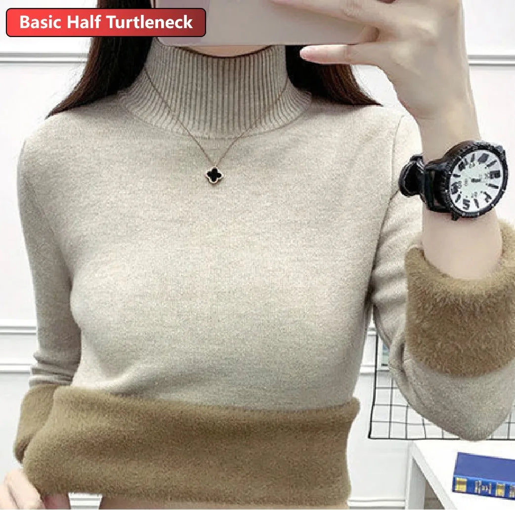 Sweater For Women Winter Thicken Turtleneck Slim Knit Pullover New Warm Plush Velvet Lined Knitwear Jumper Tops Casual Poleras