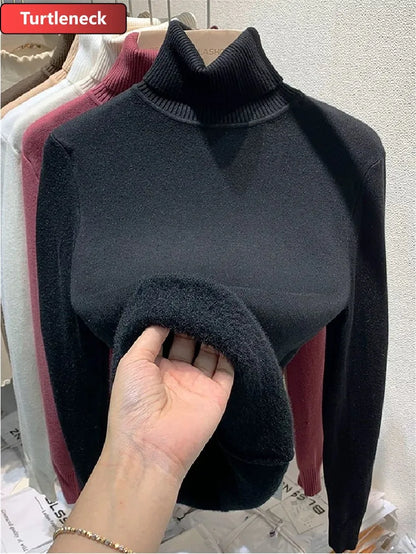 Sweater For Women Winter Thicken Turtleneck Slim Knit Pullover New Warm Plush Velvet Lined Knitwear Jumper Tops Casual Poleras