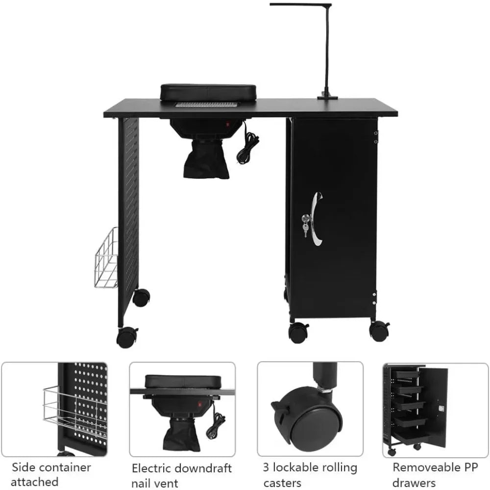 Manicure Table Nail Desk with Electric Downdraft Vent, Beauty Spa Salon Workstation Iron Frame with Lockable Cabinet