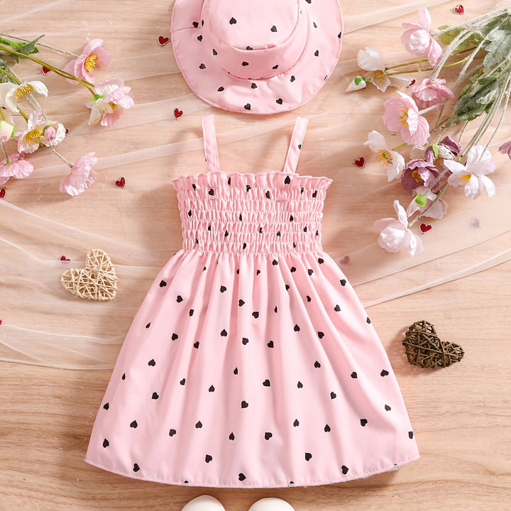 Completo estivo da bambina con stampa a cuore, 2 pezzi + cappello