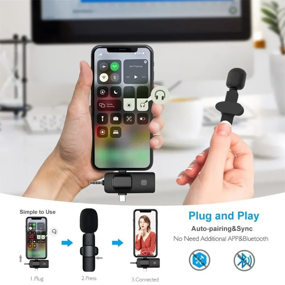 GAMINJA K1 3in1 Wireless Lavalier Microphone for iPhone Android Live Audio Video Recording Noise Reduction 3.5mm Plug&Play Mic