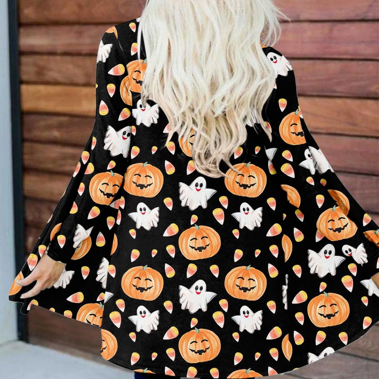 Pumpkin Ghost Print Women Cardigan Halloween Long Sleeve Front Open Blouse Autumn Elegant Casual Jackets Plus Size Long Coats