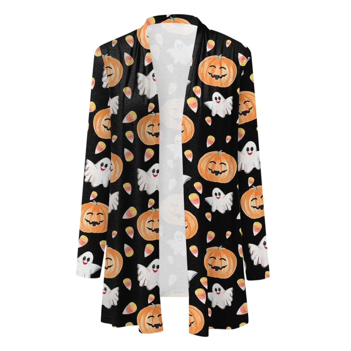 Pumpkin Ghost Print Women Cardigan Halloween Long Sleeve Front Open Blouse Autumn Elegant Casual Jackets Plus Size Long Coats