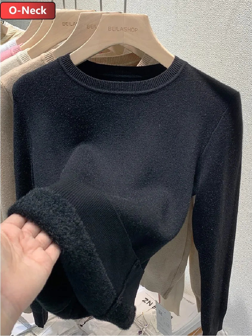 Sweater For Women Winter Thicken Turtleneck Slim Knit Pullover New Warm Plush Velvet Lined Knitwear Jumper Tops Casual Poleras