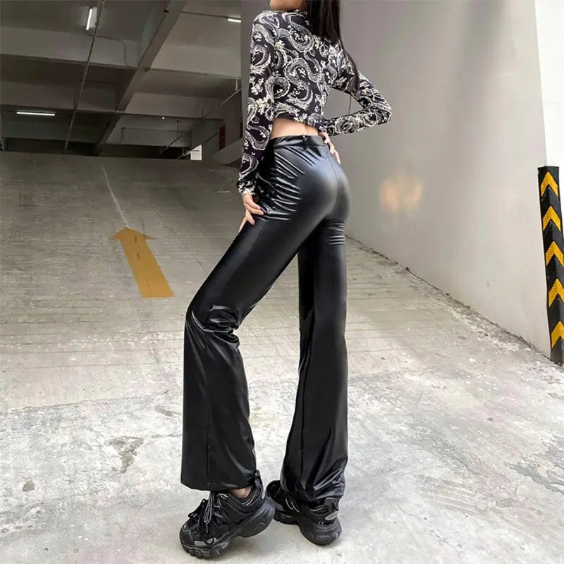 Women Vintage Shiny Black Faux Leather Pants