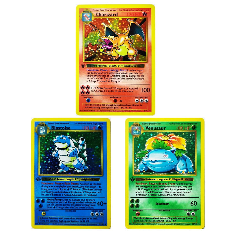 3pcs Pokemon Collection Cards 1996 1st Edition Flash Cards Charizard Blastoise Game PTCG Game Anime Collection Cards Gift Toys