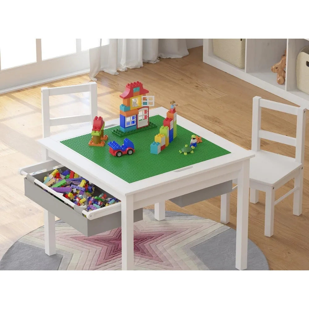 Wooden 2 in 1 Kids Construction Play Table and 2 Chairs Set with Storage Drawers, and Built in Plate Compatible