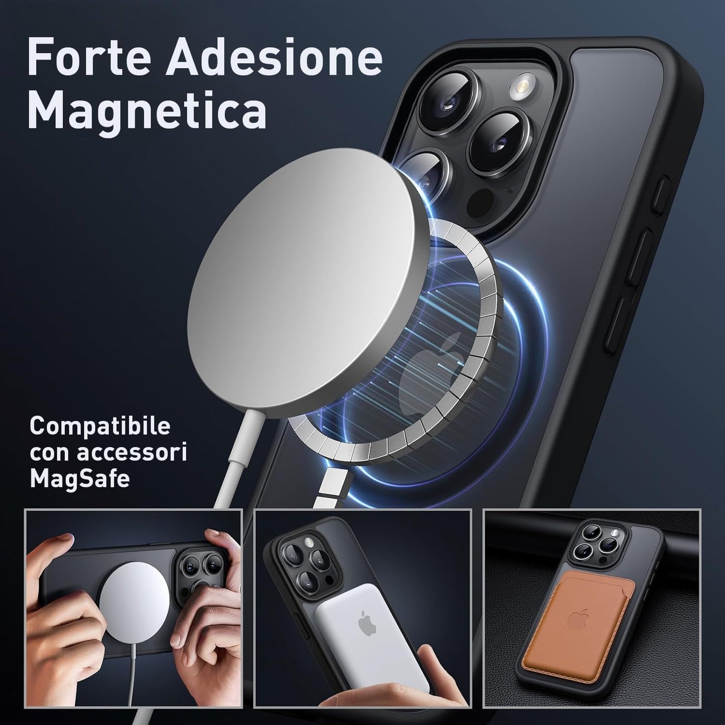 Cover Magnetica per iPhone 15 Pro 6,1 Pollici Compatibile con MagSafe, Custodia Resistente Opaca Sottile Antiurto (Blu Scuro, Trasparente)