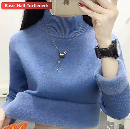 Sweater For Women Winter Thicken Turtleneck Slim Knit Pullover New Warm Plush Velvet Lined Knitwear Jumper Tops Casual Poleras