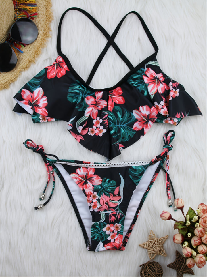 Bikini due pezzi floreali con dettagli in pizzo