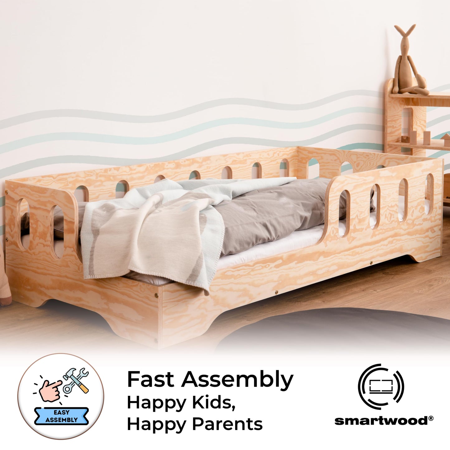 1-smartwood Letto Montessori Bambini 70x160 - Letto Singolo a Legno di Pino con Sponda e Rete a Doghe TILA 1L per Ragazzi e Ragazze - Montaggio Semplice e Rapido