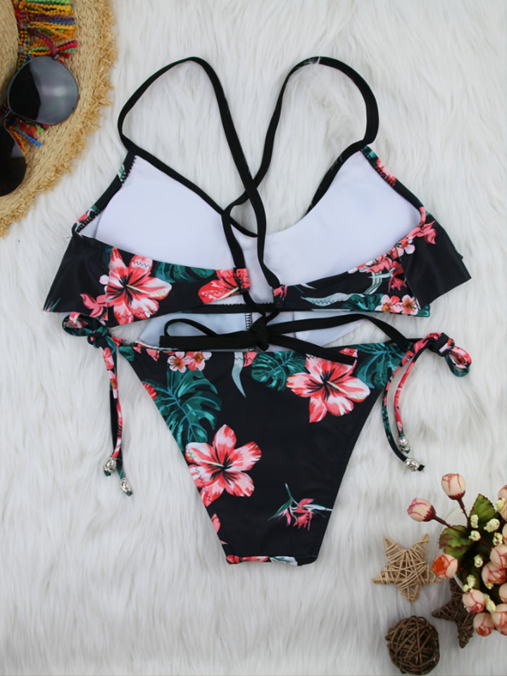 Bikini due pezzi floreali con dettagli in pizzo