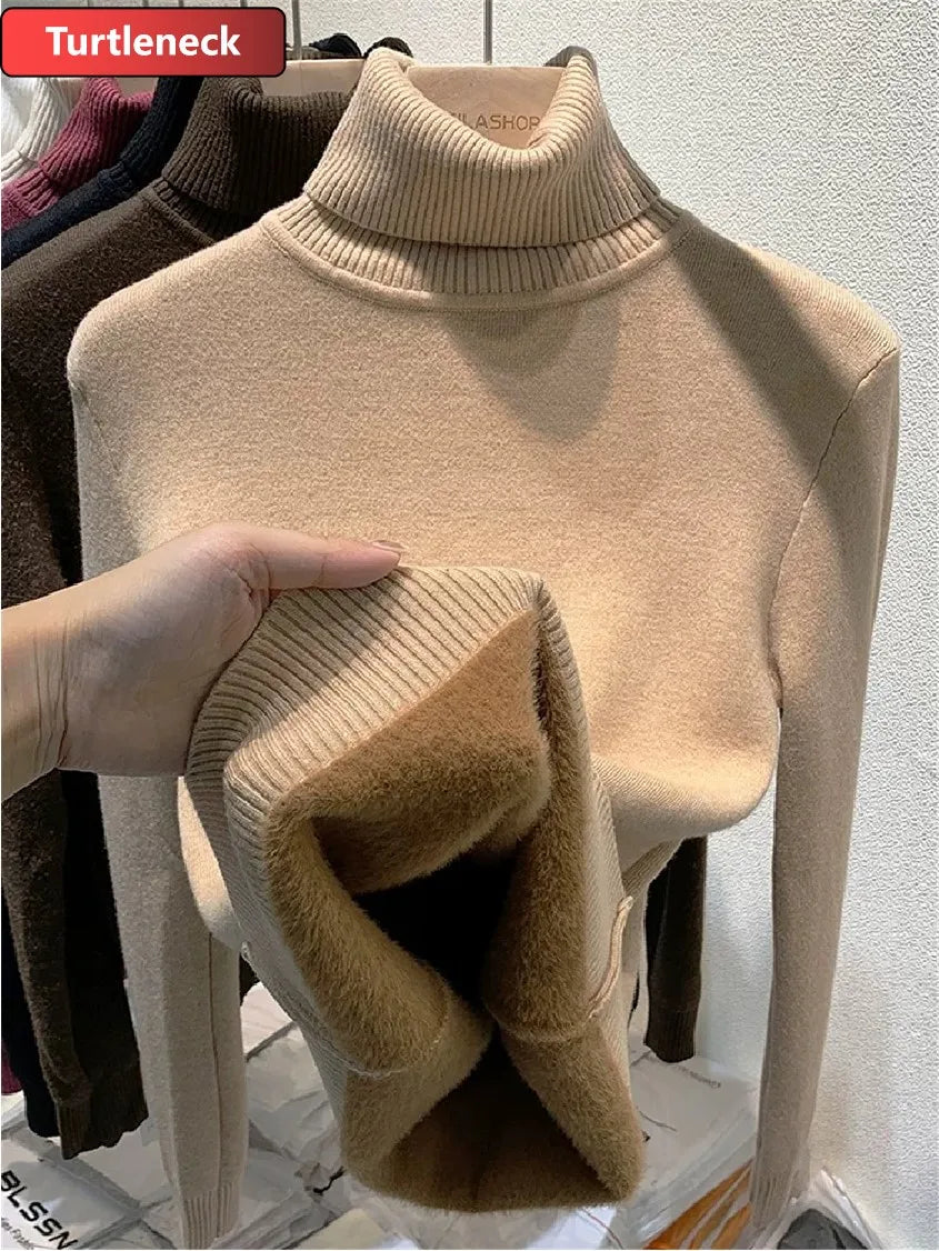 Sweater For Women Winter Thicken Turtleneck Slim Knit Pullover New Warm Plush Velvet Lined Knitwear Jumper Tops Casual Poleras