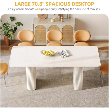 70.8 Inch Dining Table for 6-8 People Modern Rectangular Kitchen Table with Solid Wave Curved Legs Large Cream White Dinner