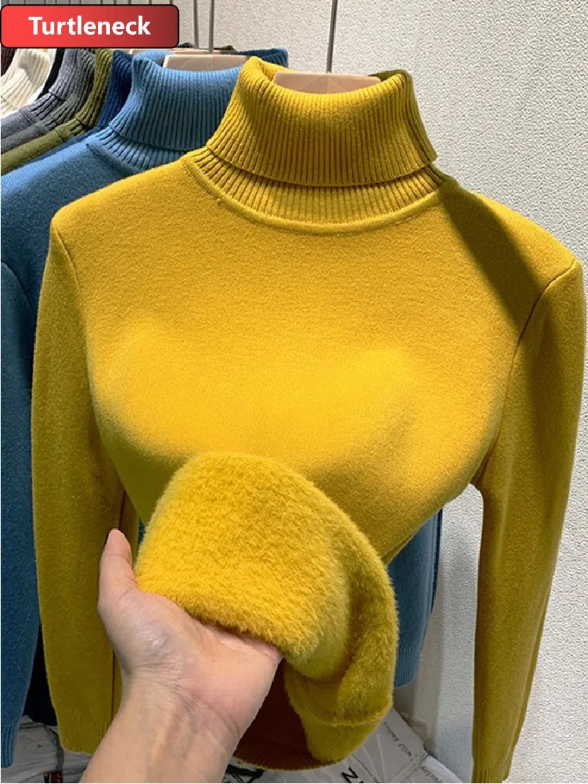 Sweater For Women Winter Thicken Turtleneck Slim Knit Pullover New Warm Plush Velvet Lined Knitwear Jumper Tops Casual Poleras