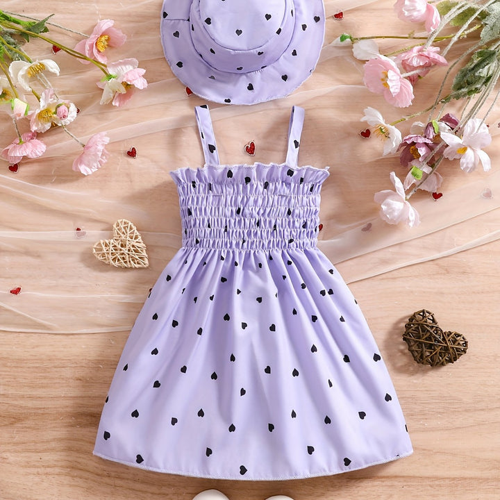 Completo estivo da bambina con stampa a cuore, 2 pezzi + cappello