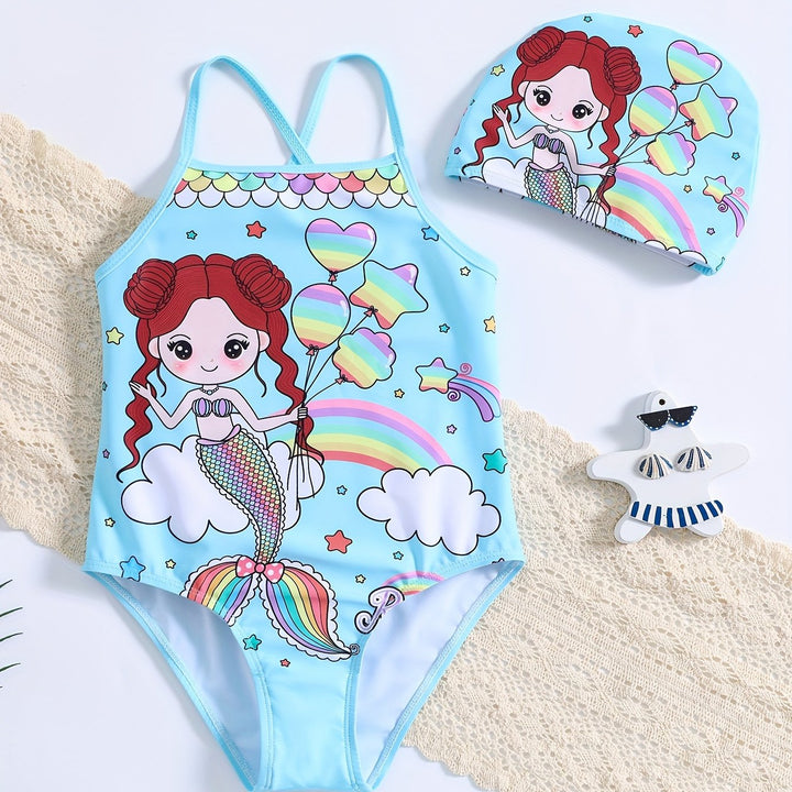 Costume da bagno intero con stampa sirena per bambine