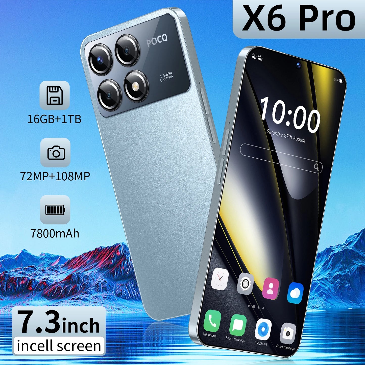 5G Phone Global Version Smartphone X6 Pro Mobile Phones 16G+1T Brand New 7.3Inch Cellphones Android14 108MP Camera Face Unlocked