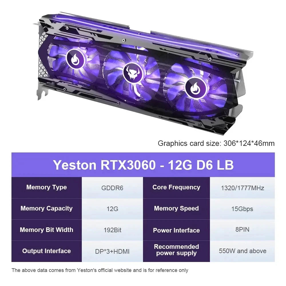 Yeston Used NVIDIA Graphics Card Geforce RTX 3060 12G placa de video 3060 GDDR6 192bit Video Card RGB Computer Desktop GPU rtx