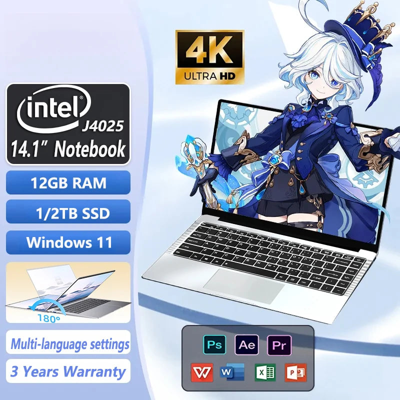 1-New Laptop Windows 11 Intel  J4025 180° Folding Slim Laptop Gamer 12GB RAM 512GB 1TB SSD 1920*1080 Office Study Computer PC