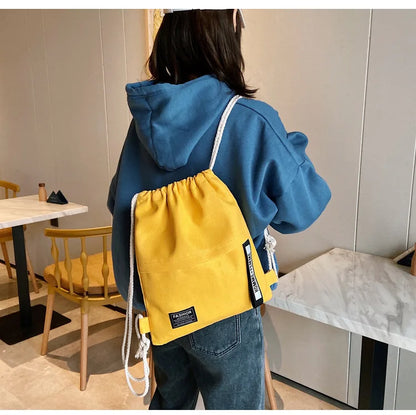 New Women Casual Canvas Drawstring Backpack Men Solid Color Letter Pattern Bag Drawing Straps Closure Fashion Outdoor Bag