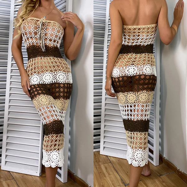 Abito lungo da spiaggia in pizzo all'uncinetto da donna, stile bohémien, estivo, casual, copricostume, costume da bagno, abbigliamento da spiaggia