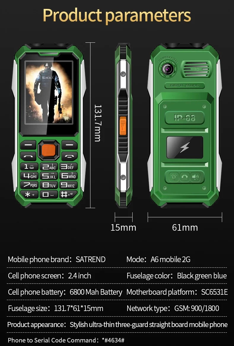 Durable Rugged Slim Outdoor Key Feature Phone Non waterproof Torch SOS Call Speed Dial Black FM list Auto Recorder Long Standby