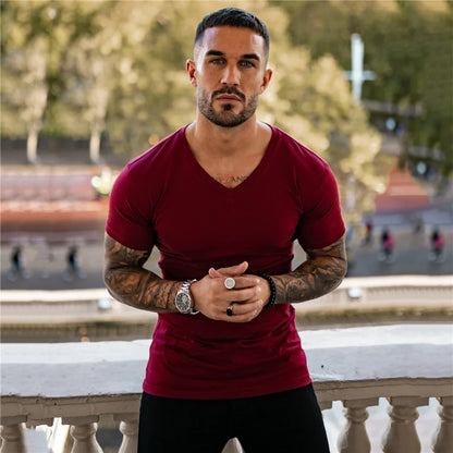 Gym T-shirt Men Fashion V Neck Short Sleeve Cotton Tshirt Slim Fit Sports Tee Shirt Bodybuilding Fitness Workout Summer Clothing