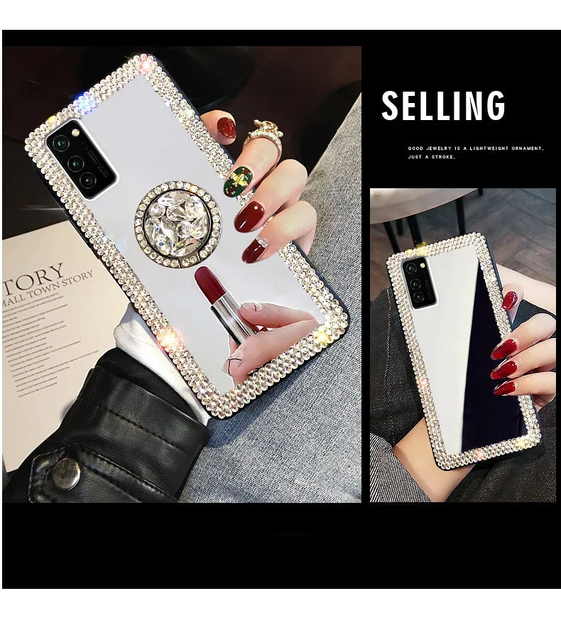 Mirror Diamond Case for Samsung Galaxy A55 A35 A54 A53 S24 Ultra S22 S21 FE S23 Plus Luxury Make Up Shockproof Plastic TPU Cover