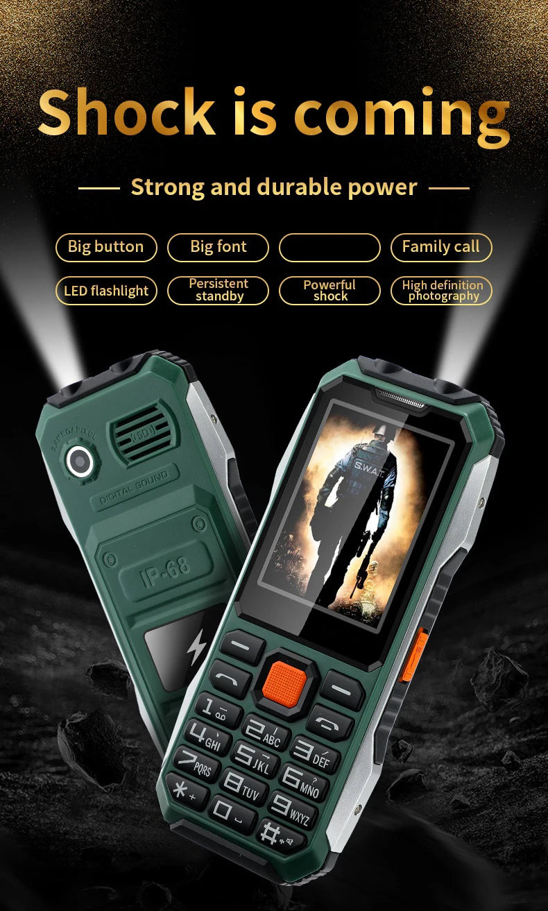 Durable Rugged Slim Outdoor Key Feature Phone Non waterproof Torch SOS Call Speed Dial Black FM list Auto Recorder Long Standby