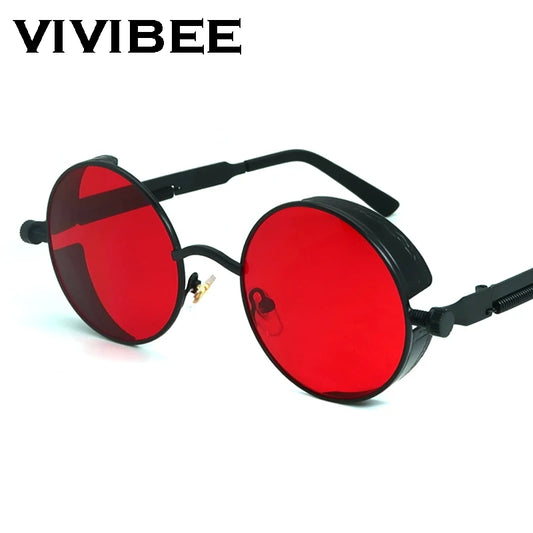 VIVIBEE Vintage Steampunk Red Sunglasses Men Round Punk Alloy Metal Retro Sun Glasses Women 2025 Goggles Gothic Style Shades