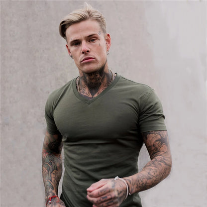 Gym T-shirt Men Fashion V Neck Short Sleeve Cotton Tshirt Slim Fit Sports Tee Shirt Bodybuilding Fitness Workout Summer Clothing