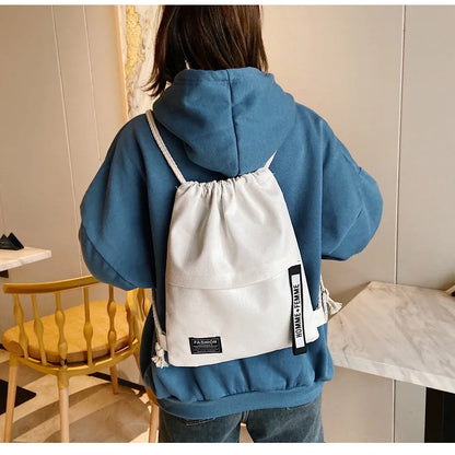 New Women Casual Canvas Drawstring Backpack Men Solid Color Letter Pattern Bag Drawing Straps Closure Fashion Outdoor Bag