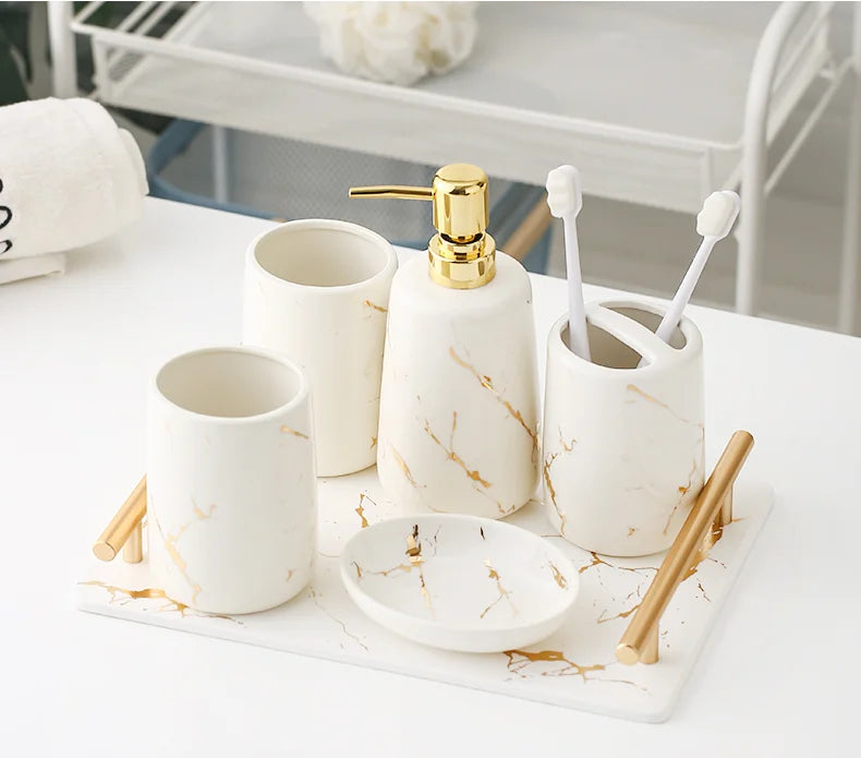 Ceramic Toiletries Bathroom Set Marble Porcelain Cup Toothbrush Holder / Soap Dispenser / Tray Bathroom Decoration Accessories