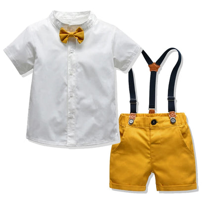 Boy Formal Clothing Suit Kid Solid Shirt Bow Yellow Shorts Belt Clothes Set Wedding Birthday Toddler Children Kids Boy Outerwear