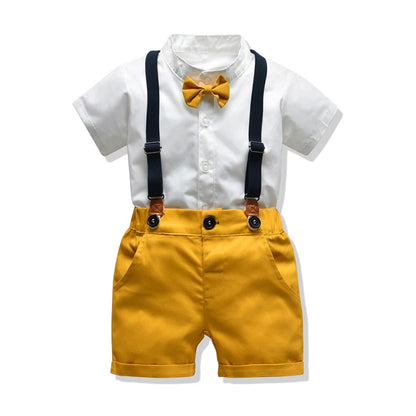 Boy Formal Clothing Suit Kid Solid Shirt Bow Yellow Shorts Belt Clothes Set Wedding Birthday Toddler Children Kids Boy Outerwear