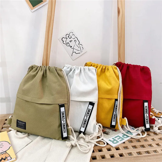 New Women Casual Canvas Drawstring Backpack Men Solid Color Letter Pattern Bag Drawing Straps Closure Fashion Outdoor Bag